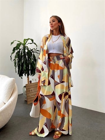 Natural Sarı Ve Gri Karışık Desen Tasarım Kuşaklı Kimono Weart Takım