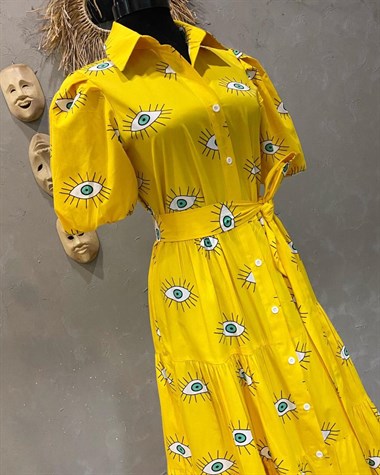 Nazar Boncuklu Balon Kol Elbise (SARI)