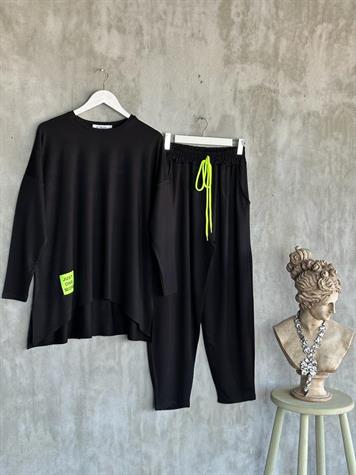 Neon Arma Detaylı Oversize Uzun Kollu Takım (Siyah)