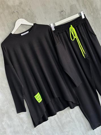 Neon Arma Detaylı Oversize Uzun Kollu Takım (Siyah)