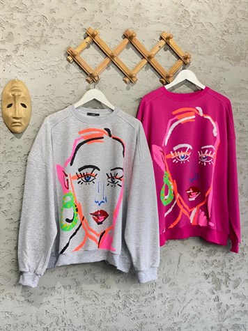 Neon Renk Baskılı Oversize Tasarım Sweat (Gri)
