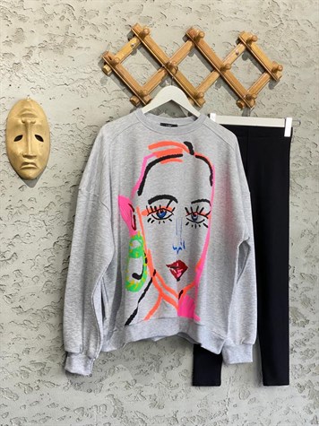 Neon Renk Baskılı Oversize Tasarım Sweat (Gri)
