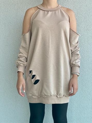 Omuz Dekolteli Yırtıklı Bluz (Camel)
