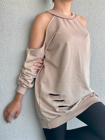 Omuz Dekolteli Yırtıklı Bluz (Camel)