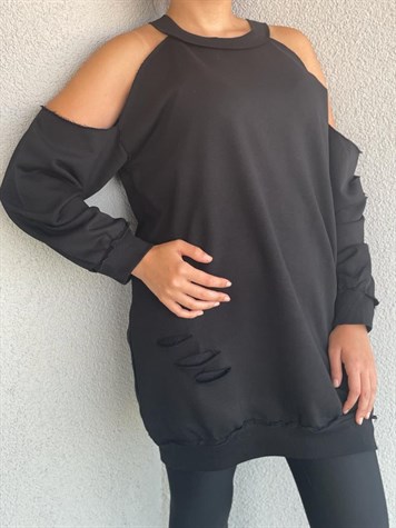 Omuz Dekolteli Yırtıklı Bluz (Siyah)