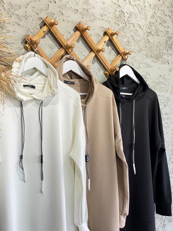 Omuz Detaylı Kapüşonlu Sweat (Ekru/Bej/Siyah)