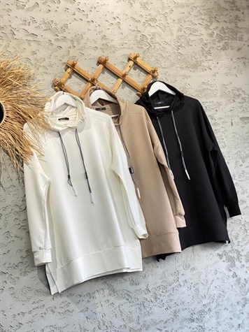 Omuz Detaylı Kapüşonlu Sweat (Ekru/Bej/Siyah)