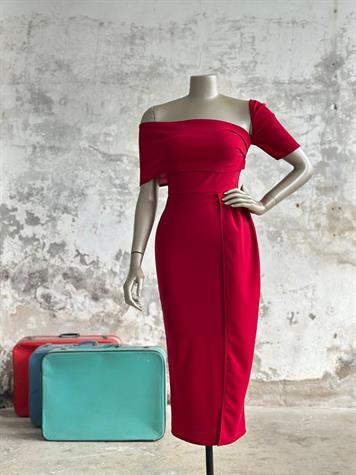 Omuz Detaylı Midi Boy Elbisi (Kırmızı)
