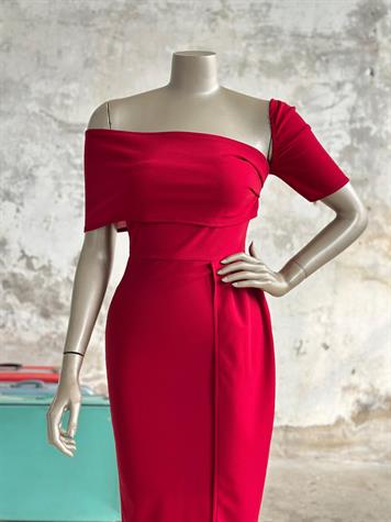 Omuz Detaylı Midi Boy Elbisi (Kırmızı)