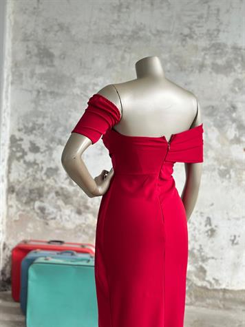 Omuz Detaylı Midi Boy Elbisi (Kırmızı)