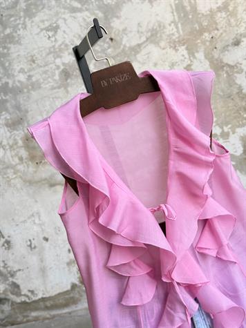 Omuzdan Fırfır Detaylı Bağlamalı Bluz (Pembe)