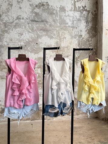 Omuzdan Fırfır Detaylı Bağlamalı Bluz (Pembe)