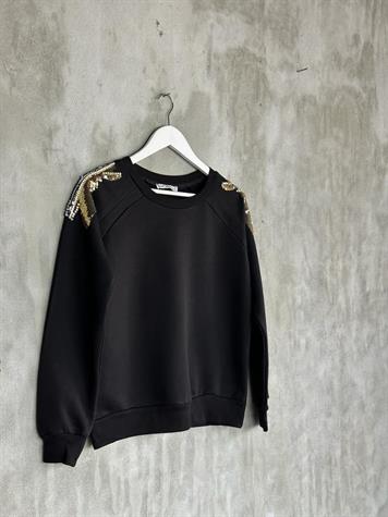 Omuzdan Pul Payet Ve Taş İşçilikli Sweat (Siyah)