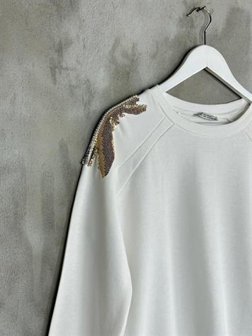 Omuzdan Pul Payet Ve Taş İşçilikli Sweat (Beyaz)