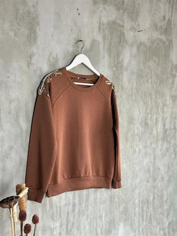 Omuzdan Pul Payet Ve Taş İşçilikli Sweat (Acı Kahve)