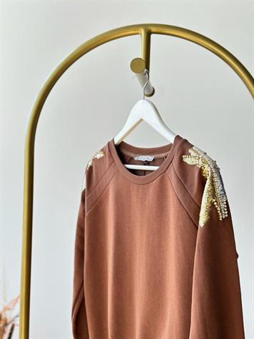 Omuzdan Pul Payet Ve Taş İşçilikli Sweat (Acı Kahve)