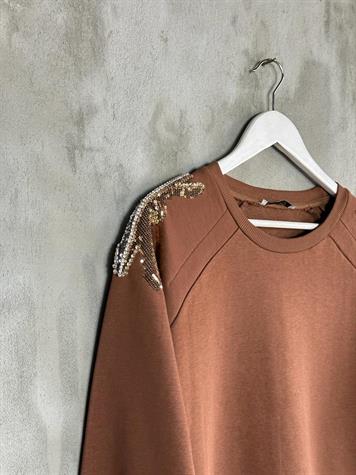 Omuzdan Pul Payet Ve Taş İşçilikli Sweat (Acı Kahve)