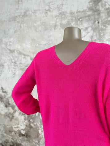 Ön Arka V Yaka Balon Kol Merserize Triko Örme Salaş Kazak (Fuşya)