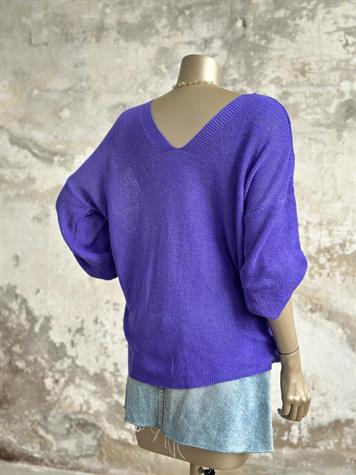 Ön Arka V Yaka Balon Kol Merserize Triko Örme Salaş Kazak (Mor)