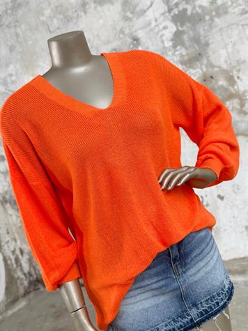 Ön Arka V Yaka Balon Kol Merserize Triko Örme Salaş Kazak (Turuncu)