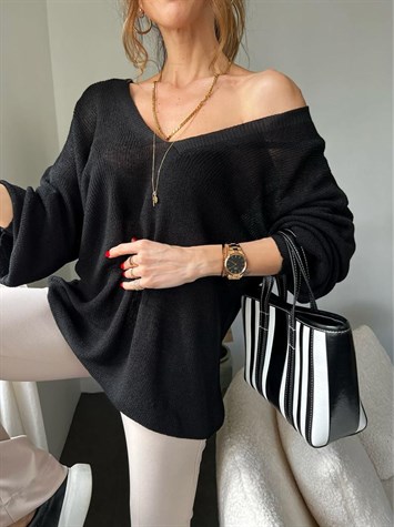 Ön Arka V Yaka Balon Kol Merserize Triko Örme Salaş Kazak (Siyah)