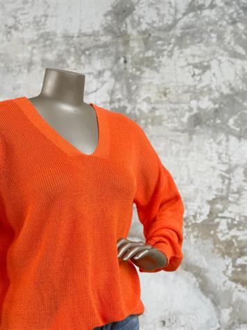 Ön Arka V Yaka Balon Kol Merserize Triko Örme Salaş Kazak (Turuncu)