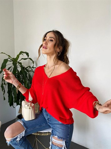 Ön Arka V Yaka Balon Kol Merserize Triko Örme Salaş Kazak (Kırmızı)