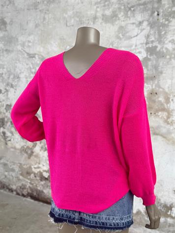 Ön Arka V Yaka Balon Kol Merserize Triko Örme Salaş Kazak (Fuşya)