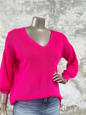 Ön Arka V Yaka Balon Kol Merserize Triko Örme Salaş Kazak (Fuşya)