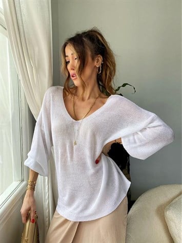 Ön Arka V Yaka Balon Kol Merserize Triko Örme Salaş Kazak (Beyaz)