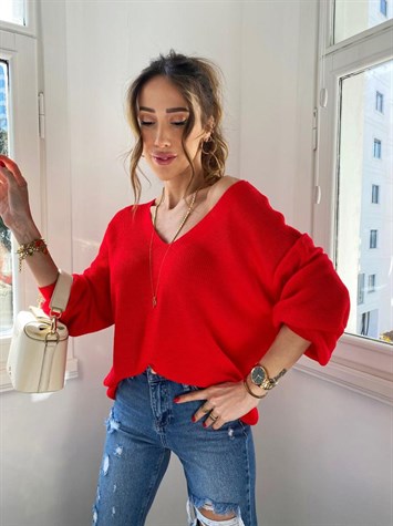 Ön Arka V Yaka Balon Kol Merserize Triko Örme Salaş Kazak (Kırmızı)