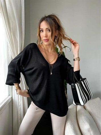 Ön Arka V Yaka Balon Kol Merserize Triko Örme Salaş Kazak (Siyah)