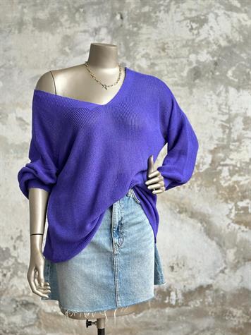 Ön Arka V Yaka Balon Kol Merserize Triko Örme Salaş Kazak (Mor)