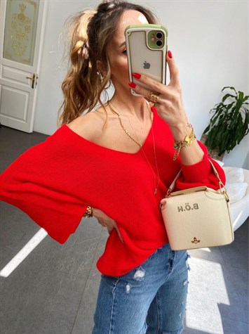 Ön Arka V Yaka Balon Kol Merserize Triko Örme Salaş Kazak (Kırmızı)