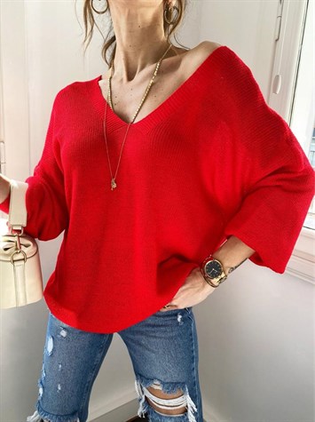 Ön Arka V Yaka Balon Kol Merserize Triko Örme Salaş Kazak (Kırmızı)