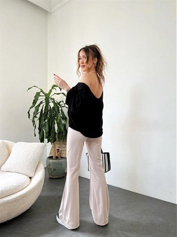 Ön Arka V Yaka Balon Kol Merserize Triko Örme Salaş Kazak (Siyah)