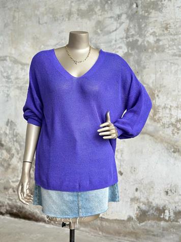 Ön Arka V Yaka Balon Kol Merserize Triko Örme Salaş Kazak (Mor)