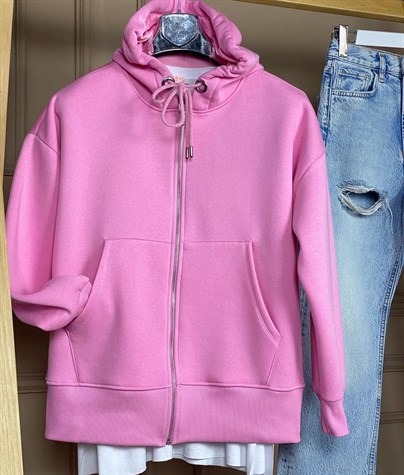 Ön Cepli Şardonlu Sweat Hırka (Pembe)
