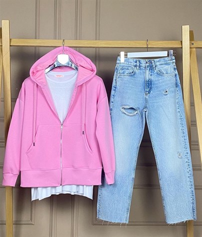 Ön Cepli Şardonlu Sweat Hırka (Pembe)