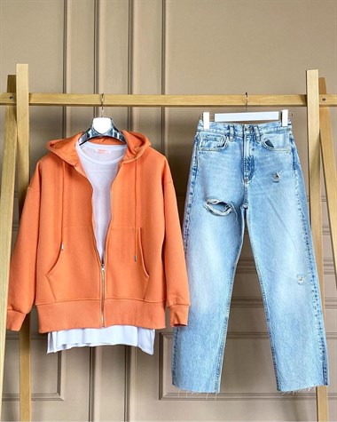 Ön Cepli Şardonlu Sweat Hırka (Somon)