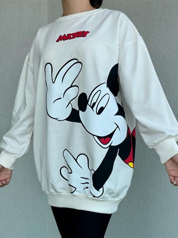 Ön ve Sırt Mickey Baskı Detaylı Sweat (Ekru)