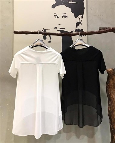 Ön ve Sırtı Şifon Kumaş Penye Tshirt (SİYAH & BEYAZ)
