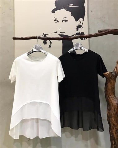 Ön ve Sırtı Şifon Kumaş Penye Tshirt (SİYAH & BEYAZ)
