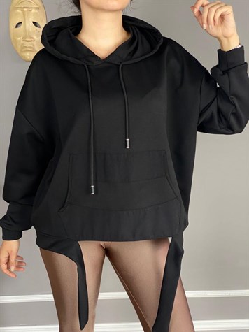 Önden Bağlama Detaylı Kapşonlu Sweat (Siyah)