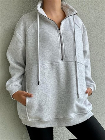 Önden Cepli Boğazlı Sweat (Gri)