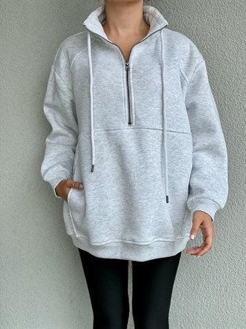 Önden Cepli Boğazlı Sweat (Gri)