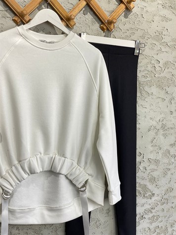 Önü Büzgülü Şardonlu Sweat (Beyaz)