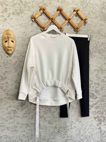 Önü Büzgülü Şardonlu Sweat (Beyaz)