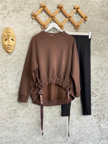 Önü Büzgülü Şardonlu Sweat (Kahve)