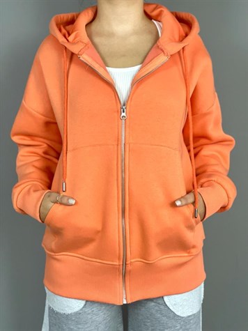 Önü Cepli Kapşonlu Sweat Hırka (Oranj)